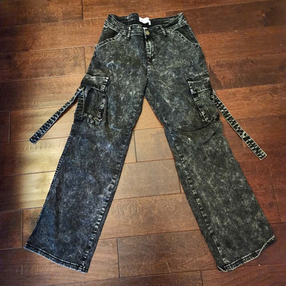 Disclosure Womens Acid Wash Cargo Jeans Black Gray Wide Leg Y2K Straps Sz 3/26